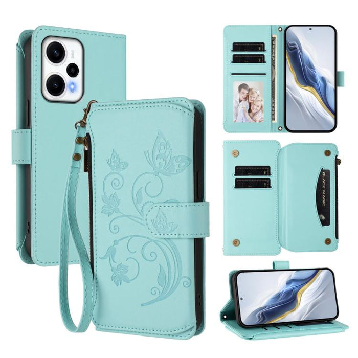 Funda de cuero para teléfono con cartera multitarjeta con cremallera y diseño de mariposa y flor de amor, For Redmi Note 13 Pro 5G / Poco X6, For Redmi Note 13 5G, For Redmi Note 13 Pro+, For Redmi 12 4G / 5G / Note 12R, For Redmi Note 12T Pro / K50i  ...