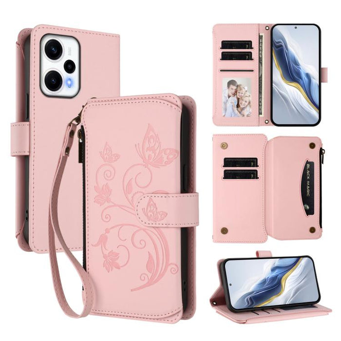 Funda de cuero para teléfono con cartera multitarjeta con cremallera y diseño de mariposa y flor de amor, For Redmi Note 13 Pro 5G / Poco X6, For Redmi Note 13 5G, For Redmi Note 13 Pro+, For Redmi 12 4G / 5G / Note 12R, For Redmi Note 12T Pro / K50i  ...