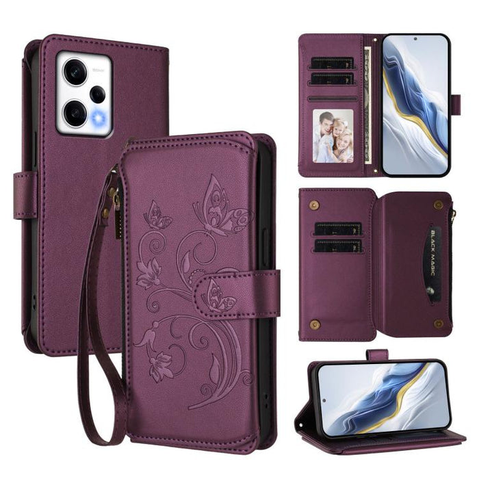 Funda de cuero para teléfono con cartera multitarjeta con cremallera y diseño de mariposa y flor de amor, For Redmi 11A / Poco C55, For Redmi Note 12 Pro+ Global, For Redmi Note 12 Pro 5G Global / Speed, For Redmi Note 12 5G Global / Poco X5           ...
