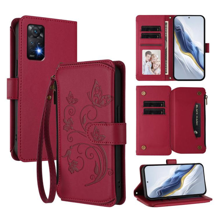 Funda de cuero para teléfono con cartera multitarjeta con cremallera y diseño de mariposa y flor de amor, For Redmi Note 13 Pro 5G / Poco X6, For Redmi Note 13 5G, For Redmi Note 13 Pro+, For Redmi 12 4G / 5G / Note 12R, For Redmi Note 12T Pro / K50i  ...