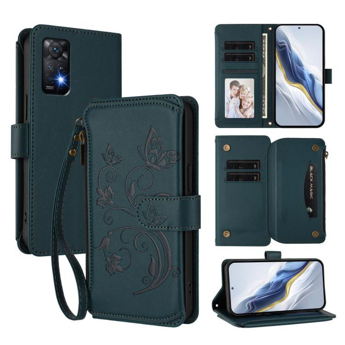 Funda de cuero para teléfono con cartera multitarjeta con cremallera y diseño de mariposa y flor de amor, For Redmi Note 13 Pro 5G / Poco X6, For Redmi Note 13 5G, For Redmi Note 13 Pro+, For Redmi 12 4G / 5G / Note 12R, For Redmi Note 12T Pro / K50i  ...