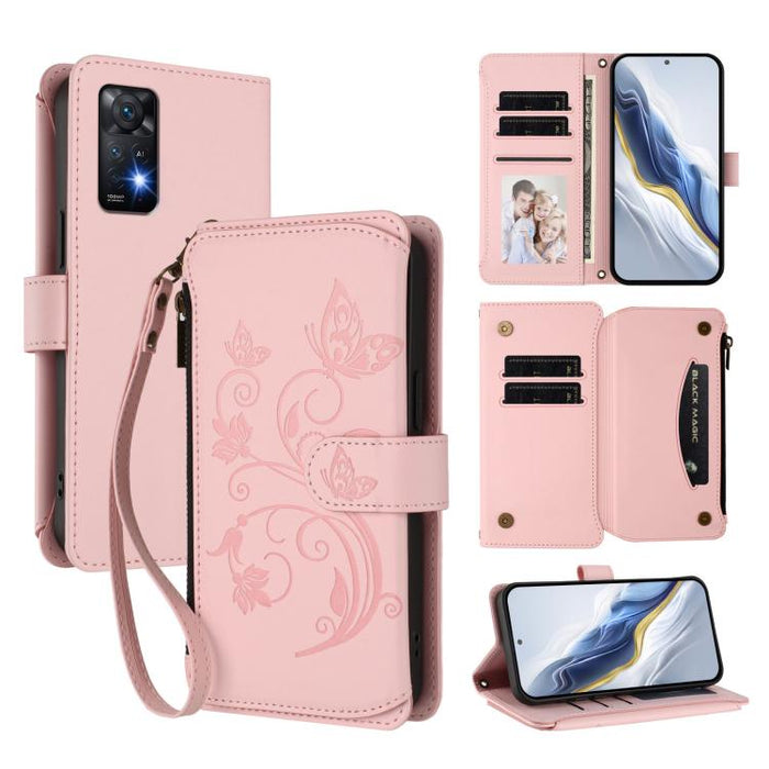Funda de cuero para teléfono con cartera multitarjeta con cremallera y diseño de mariposa y flor de amor, For Redmi Note 13 Pro 5G / Poco X6, For Redmi Note 13 5G, For Redmi Note 13 Pro+, For Redmi 12 4G / 5G / Note 12R, For Redmi Note 12T Pro / K50i  ...