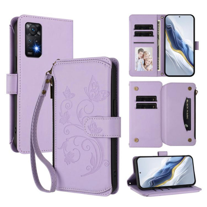 Funda de cuero para teléfono con cartera multitarjeta con cremallera y diseño de mariposa y flor de amor, For Redmi Note 13 Pro 5G / Poco X6, For Redmi Note 13 5G, For Redmi Note 13 Pro+, For Redmi 12 4G / 5G / Note 12R, For Redmi Note 12T Pro / K50i  ...