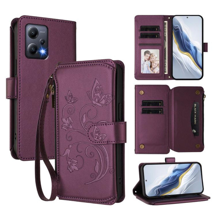 Funda de cuero para teléfono con cartera multitarjeta con cremallera y diseño de mariposa y flor de amor, For Redmi 11A / Poco C55, For Redmi Note 12 Pro+ Global, For Redmi Note 12 Pro 5G Global / Speed, For Redmi Note 12 5G Global / Poco X5           ...