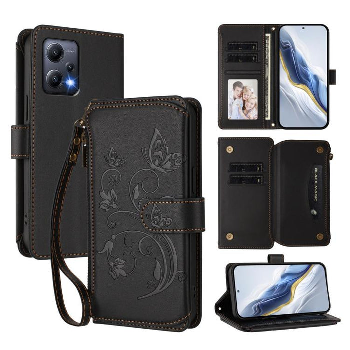 Funda de cuero para teléfono con cartera multitarjeta con cremallera y diseño de mariposa y flor de amor, For Redmi 11A / Poco C55, For Redmi Note 12 Pro+ Global, For Redmi Note 12 Pro 5G Global / Speed, For Redmi Note 12 5G Global / Poco X5           ...