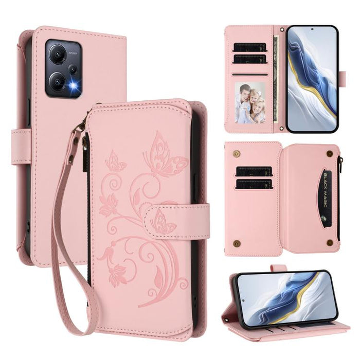 Funda de cuero para teléfono con cartera multitarjeta con cremallera y diseño de mariposa y flor de amor, For Redmi 11A / Poco C55, For Redmi Note 12 Pro+ Global, For Redmi Note 12 Pro 5G Global / Speed, For Redmi Note 12 5G Global / Poco X5           ...