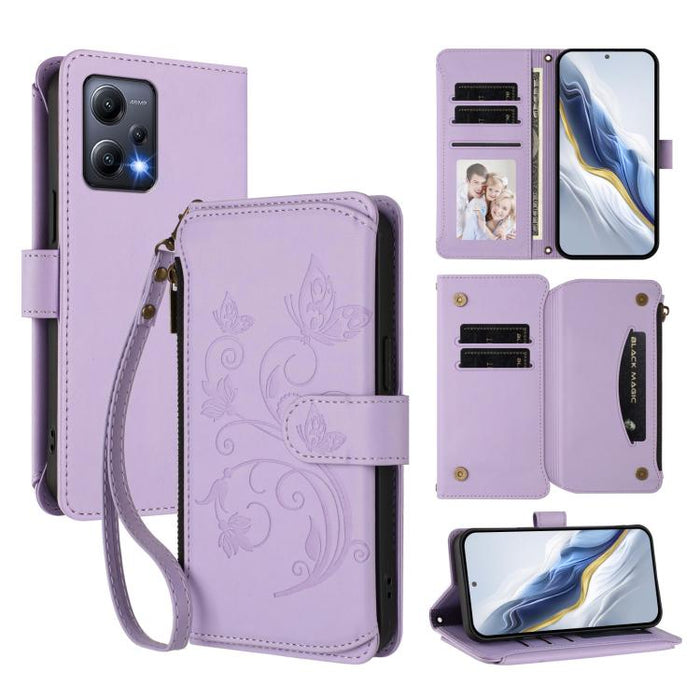 Funda de cuero para teléfono con cartera multitarjeta con cremallera y diseño de mariposa y flor de amor, For Redmi 11A / Poco C55, For Redmi Note 12 Pro+ Global, For Redmi Note 12 Pro 5G Global / Speed, For Redmi Note 12 5G Global / Poco X5           ...