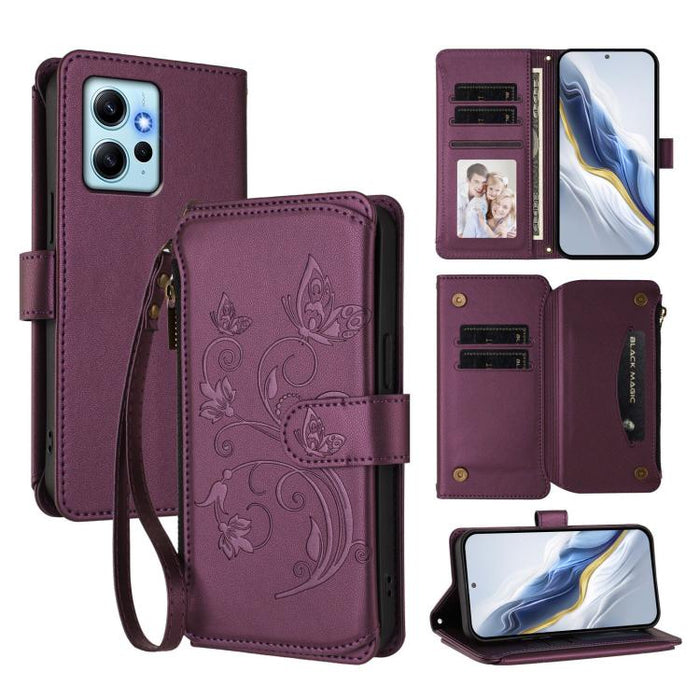 Funda de cuero para teléfono con cartera multitarjeta con cremallera y diseño de mariposa y flor de amor, For Redmi Note 13 Pro 5G / Poco X6, For Redmi Note 13 5G, For Redmi Note 13 Pro+, For Redmi 12 4G / 5G / Note 12R, For Redmi Note 12T Pro / K50i  ...