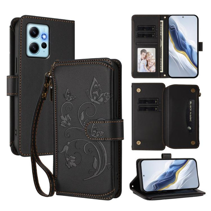 Funda de cuero para teléfono con cartera multitarjeta con cremallera y diseño de mariposa y flor de amor, For Redmi Note 13 Pro 5G / Poco X6, For Redmi Note 13 5G, For Redmi Note 13 Pro+, For Redmi 12 4G / 5G / Note 12R, For Redmi Note 12T Pro / K50i  ...