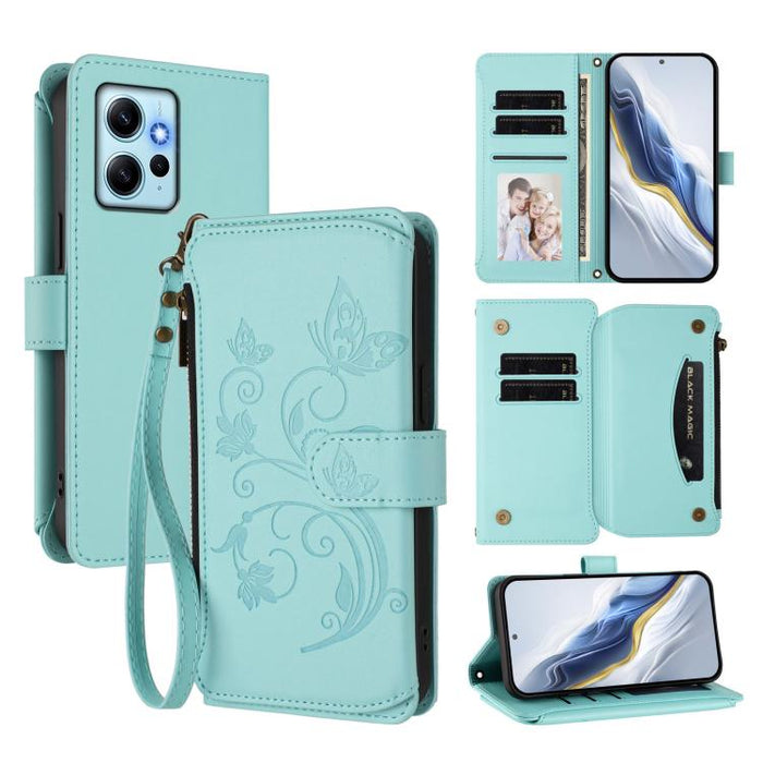Funda de cuero para teléfono con cartera multitarjeta con cremallera y diseño de mariposa y flor de amor, For Redmi Note 13 Pro 5G / Poco X6, For Redmi Note 13 5G, For Redmi Note 13 Pro+, For Redmi 12 4G / 5G / Note 12R, For Redmi Note 12T Pro / K50i  ...