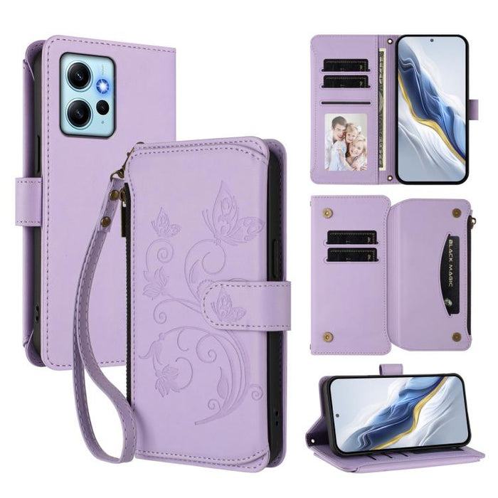 Funda de cuero para teléfono con cartera multitarjeta con cremallera y diseño de mariposa y flor de amor, For Redmi Note 13 Pro 5G / Poco X6, For Redmi Note 13 5G, For Redmi Note 13 Pro+, For Redmi 12 4G / 5G / Note 12R, For Redmi Note 12T Pro / K50i  ...
