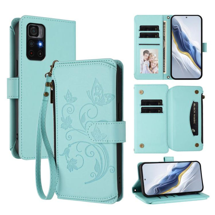 Funda de cuero para teléfono con cartera multitarjeta con cremallera y diseño de mariposa y flor de amor, For Redmi 11A / Poco C55, For Redmi Note 12 Pro+ Global, For Redmi Note 12 Pro 5G Global / Speed, For Redmi Note 12 5G Global / Poco X5           ...