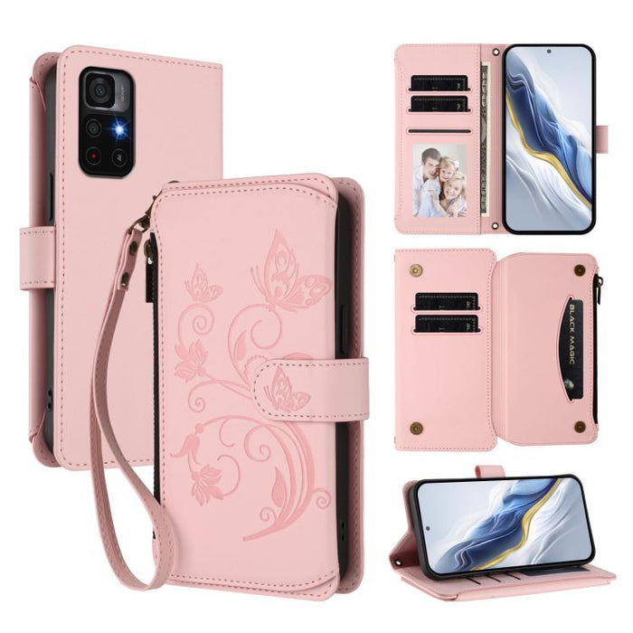 Funda de cuero para teléfono con cartera multitarjeta con cremallera y diseño de mariposa y flor de amor, For Redmi 11A / Poco C55, For Redmi Note 12 Pro+ Global, For Redmi Note 12 Pro 5G Global / Speed, For Redmi Note 12 5G Global / Poco X5           ...
