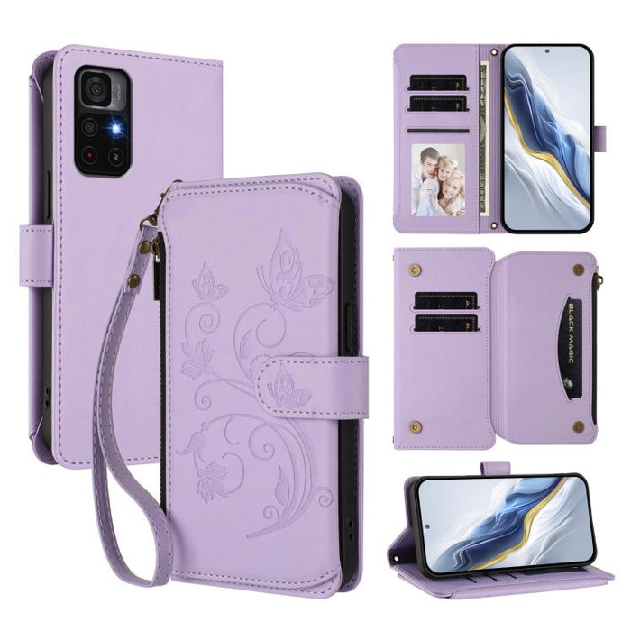 Funda de cuero para teléfono con cartera multitarjeta con cremallera y diseño de mariposa y flor de amor, For Redmi 11A / Poco C55, For Redmi Note 12 Pro+ Global, For Redmi Note 12 Pro 5G Global / Speed, For Redmi Note 12 5G Global / Poco X5           ...