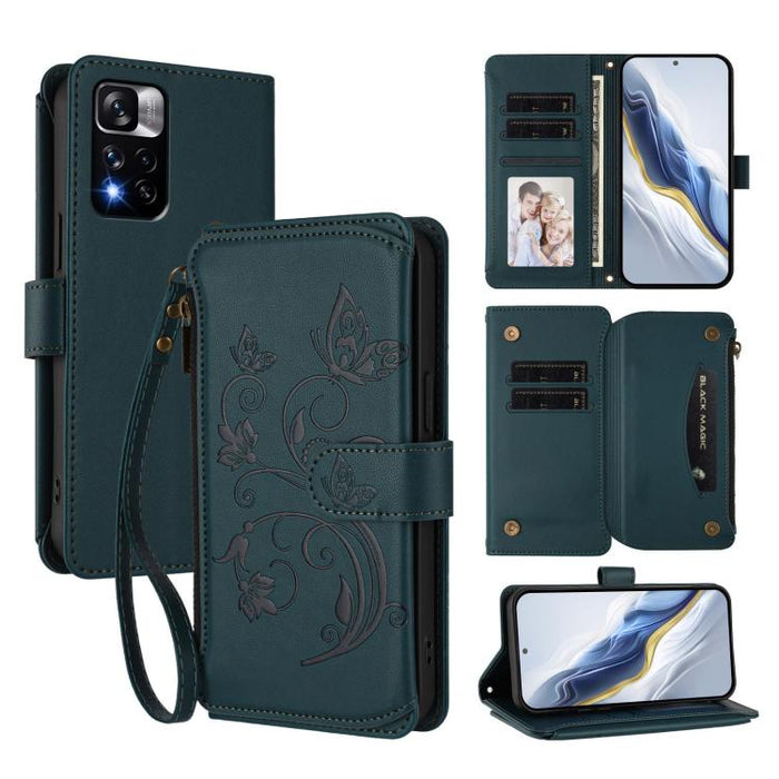 Funda de cuero para teléfono con cartera multitarjeta con cremallera y diseño de mariposa y flor de amor, For Redmi 11A / Poco C55, For Redmi Note 12 Pro+ Global, For Redmi Note 12 Pro 5G Global / Speed, For Redmi Note 12 5G Global / Poco X5           ...
