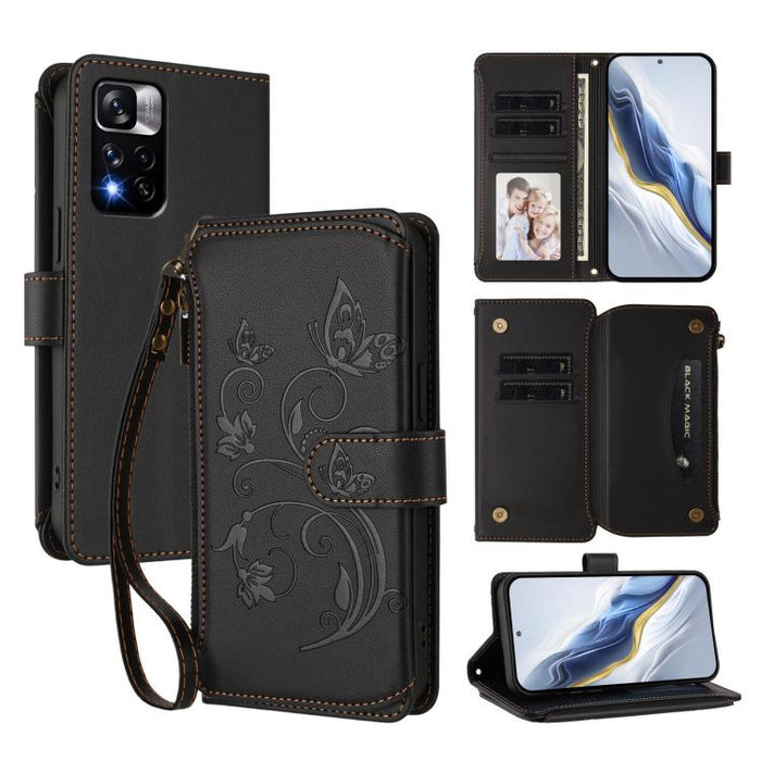 Funda de cuero para teléfono con cartera multitarjeta con cremallera y diseño de mariposa y flor de amor, For Redmi 11A / Poco C55, For Redmi Note 12 Pro+ Global, For Redmi Note 12 Pro 5G Global / Speed, For Redmi Note 12 5G Global / Poco X5           ...