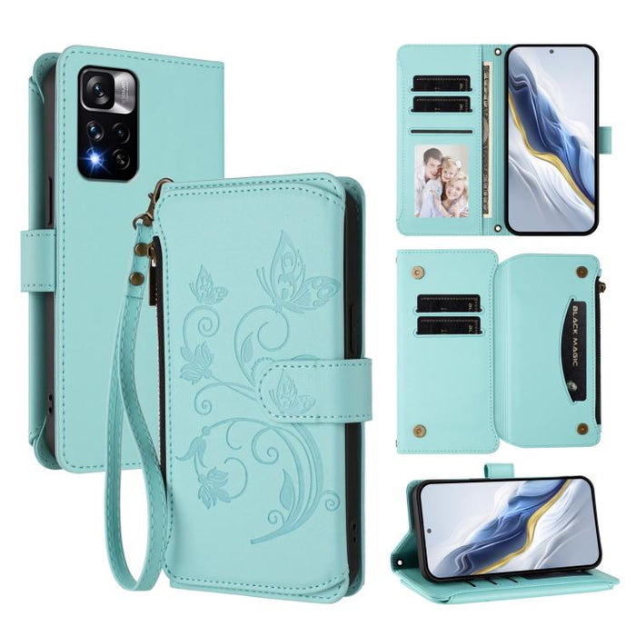 Funda de cuero para teléfono con cartera multitarjeta con cremallera y diseño de mariposa y flor de amor, For Redmi 11A / Poco C55, For Redmi Note 12 Pro+ Global, For Redmi Note 12 Pro 5G Global / Speed, For Redmi Note 12 5G Global / Poco X5           ...