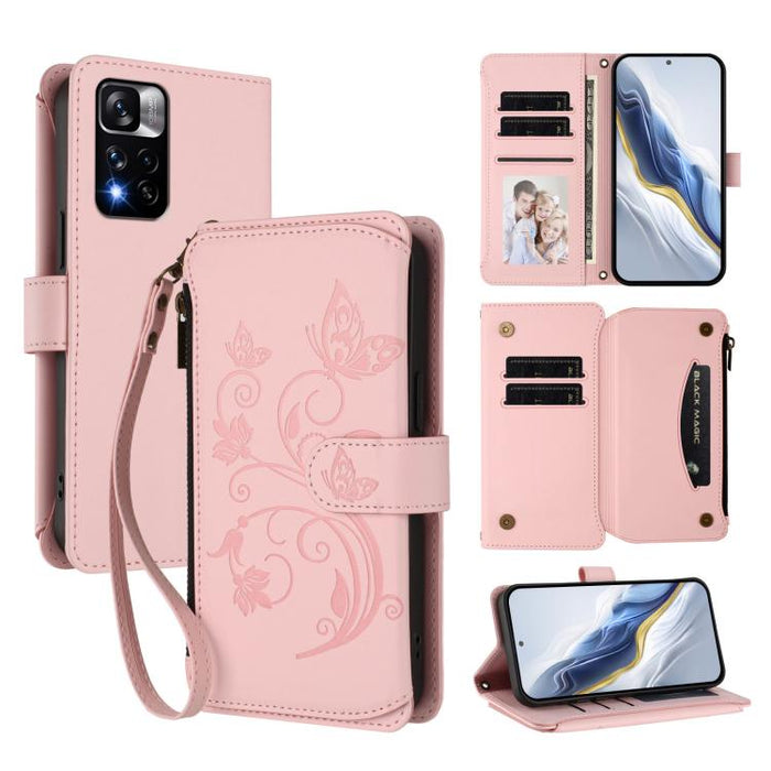 Funda de cuero para teléfono con cartera multitarjeta con cremallera y diseño de mariposa y flor de amor, For Redmi 11A / Poco C55, For Redmi Note 12 Pro+ Global, For Redmi Note 12 Pro 5G Global / Speed, For Redmi Note 12 5G Global / Poco X5           ...