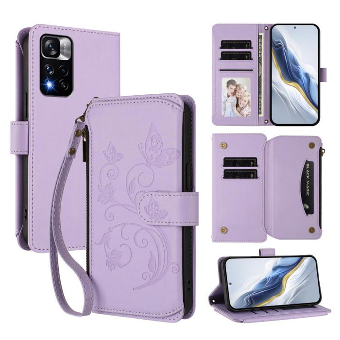 Funda de cuero para teléfono con cartera multitarjeta con cremallera y diseño de mariposa y flor de amor, For Redmi 11A / Poco C55, For Redmi Note 12 Pro+ Global, For Redmi Note 12 Pro 5G Global / Speed, For Redmi Note 12 5G Global / Poco X5           ...