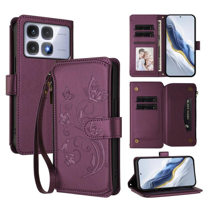 Funda de cuero para teléfono con cartera multitarjeta con cremallera y diseño de mariposa y flor de amor, For Redmi A5 4G 173.3mm, For Redmi Note 14S 4G / Note 13 Pro 4G, For Redmi Note 14 4G 164.84mm, For Redmi Note 14 Pro 5G / Note 14 Pro+ 5G        ...