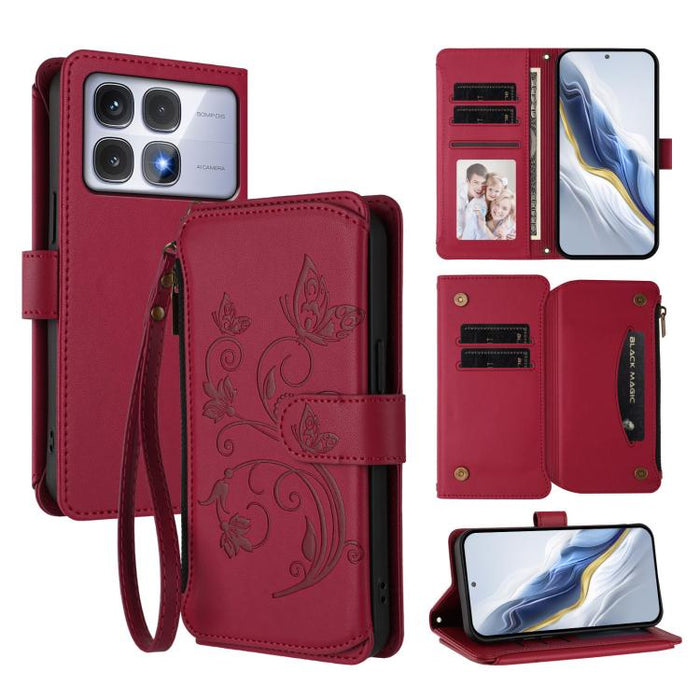 Funda de cuero para teléfono con cartera multitarjeta con cremallera y diseño de mariposa y flor de amor, For Redmi A5 4G 173.3mm, For Redmi Note 14S 4G / Note 13 Pro 4G, For Redmi Note 14 4G 164.84mm, For Redmi Note 14 Pro 5G / Note 14 Pro+ 5G        ...