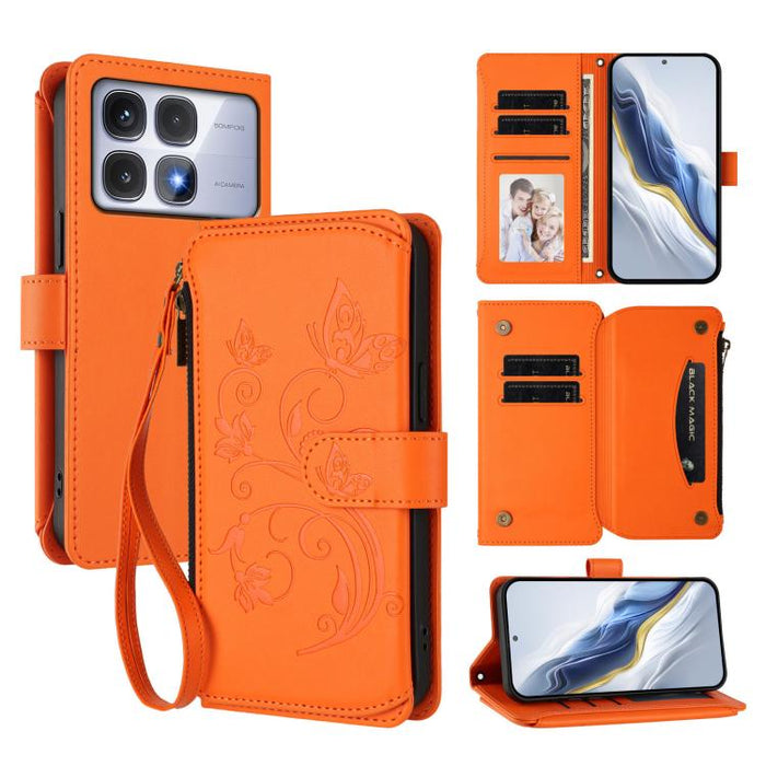 Funda de cuero para teléfono con cartera multitarjeta con cremallera y diseño de mariposa y flor de amor, For Redmi A5 4G 173.3mm, For Redmi Note 14S 4G / Note 13 Pro 4G, For Redmi Note 14 4G 164.84mm, For Redmi Note 14 Pro 5G / Note 14 Pro+ 5G        ...