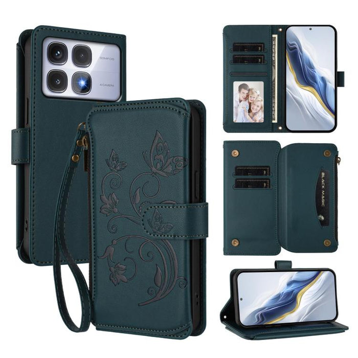 Funda de cuero para teléfono con cartera multitarjeta con cremallera y diseño de mariposa y flor de amor, For Redmi A5 4G 173.3mm, For Redmi Note 14S 4G / Note 13 Pro 4G, For Redmi Note 14 4G 164.84mm, For Redmi Note 14 Pro 5G / Note 14 Pro+ 5G        ...