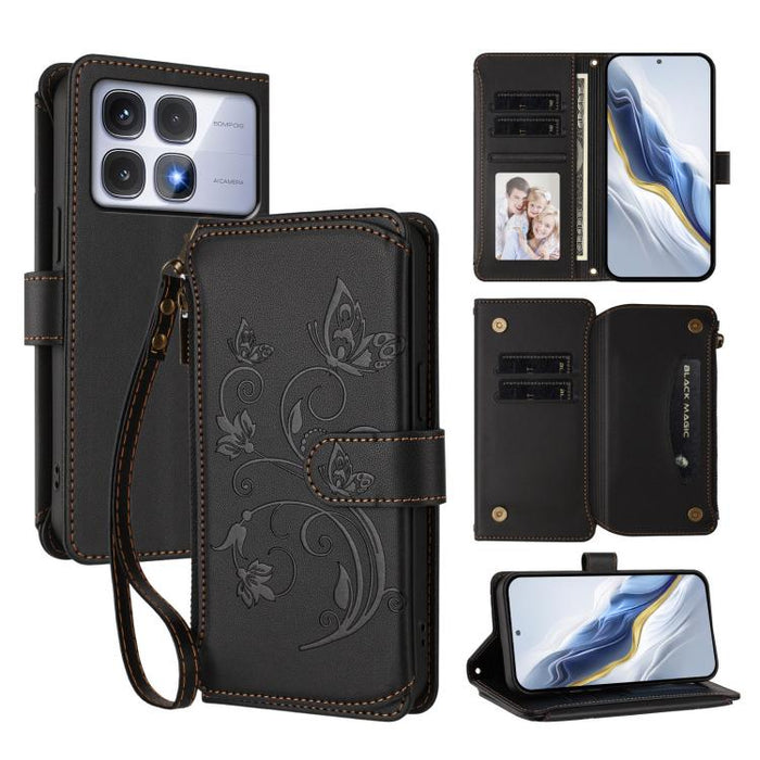 Funda de cuero para teléfono con cartera multitarjeta con cremallera y diseño de mariposa y flor de amor, For Redmi A5 4G 173.3mm, For Redmi Note 14S 4G / Note 13 Pro 4G, For Redmi Note 14 4G 164.84mm, For Redmi Note 14 Pro 5G / Note 14 Pro+ 5G        ...