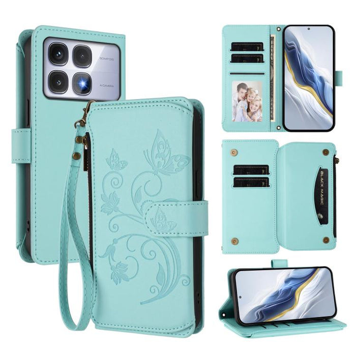 Funda de cuero para teléfono con cartera multitarjeta con cremallera y diseño de mariposa y flor de amor, For Redmi A5 4G 173.3mm, For Redmi Note 14S 4G / Note 13 Pro 4G, For Redmi Note 14 4G 164.84mm, For Redmi Note 14 Pro 5G / Note 14 Pro+ 5G        ...