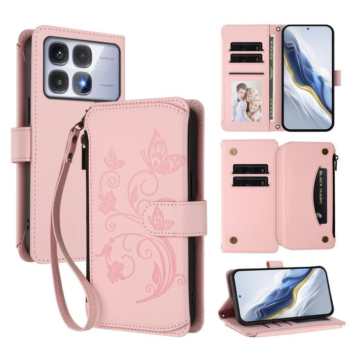 Funda de cuero para teléfono con cartera multitarjeta con cremallera y diseño de mariposa y flor de amor, For Redmi A5 4G 173.3mm, For Redmi Note 14S 4G / Note 13 Pro 4G, For Redmi Note 14 4G 164.84mm, For Redmi Note 14 Pro 5G / Note 14 Pro+ 5G        ...