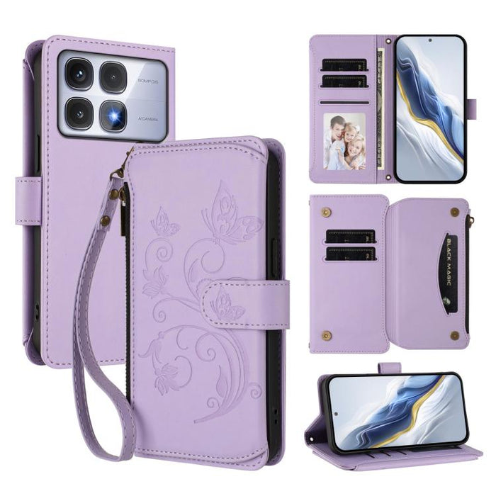 Funda de cuero para teléfono con cartera multitarjeta con cremallera y diseño de mariposa y flor de amor, For Redmi A5 4G 173.3mm, For Redmi Note 14S 4G / Note 13 Pro 4G, For Redmi Note 14 4G 164.84mm, For Redmi Note 14 Pro 5G / Note 14 Pro+ 5G        ...