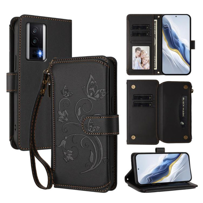 Funda de cuero para teléfono con cartera multitarjeta con cremallera y diseño de mariposa y flor de amor, For Redmi Note 13 Pro 5G / Poco X6, For Redmi Note 13 5G, For Redmi Note 13 Pro+, For Redmi 12 4G / 5G / Note 12R, For Redmi Note 12T Pro / K50i  ...