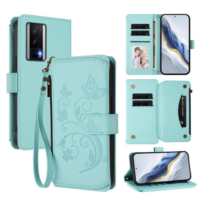 Funda de cuero para teléfono con cartera multitarjeta con cremallera y diseño de mariposa y flor de amor, For Redmi Note 13 Pro 5G / Poco X6, For Redmi Note 13 5G, For Redmi Note 13 Pro+, For Redmi 12 4G / 5G / Note 12R, For Redmi Note 12T Pro / K50i  ...