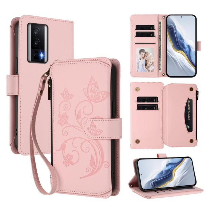 Funda de cuero para teléfono con cartera multitarjeta con cremallera y diseño de mariposa y flor de amor, For Redmi Note 13 Pro 5G / Poco X6, For Redmi Note 13 5G, For Redmi Note 13 Pro+, For Redmi 12 4G / 5G / Note 12R, For Redmi Note 12T Pro / K50i  ...