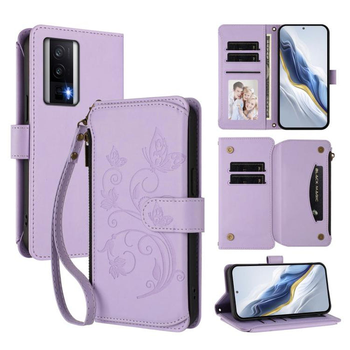 Funda de cuero para teléfono con cartera multitarjeta con cremallera y diseño de mariposa y flor de amor, For Redmi Note 13 Pro 5G / Poco X6, For Redmi Note 13 5G, For Redmi Note 13 Pro+, For Redmi 12 4G / 5G / Note 12R, For Redmi Note 12T Pro / K50i  ...