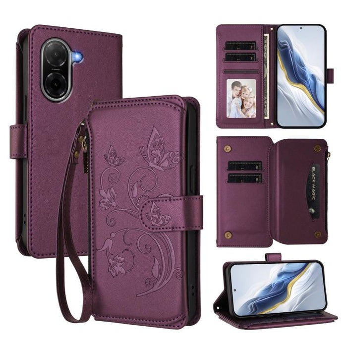Funda de cuero para teléfono con cartera multitarjeta con cremallera y diseño de mariposa y flor de amor, For Redmi A7 / A5 4G 171mm / Poco C71, For Redmi K90 Max 5G, For Redmi A7 Pro 171mm / Poco C85x 5G, For Redmi Turbo 5 Max / Poco X8 Pro Max       ...