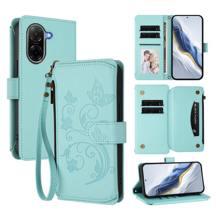 Funda de cuero para teléfono con cartera multitarjeta con cremallera y diseño de mariposa y flor de amor, For Redmi A7 / A5 4G 171mm / Poco C71, For Redmi K90 Max 5G, For Redmi A7 Pro 171mm / Poco C85x 5G, For Redmi Turbo 5 Max / Poco X8 Pro Max       ...