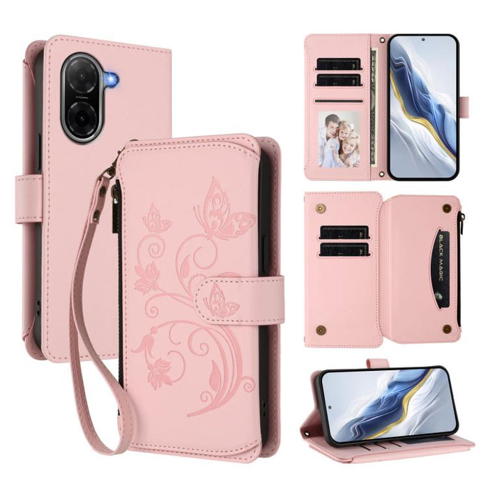Funda de cuero para teléfono con cartera multitarjeta con cremallera y diseño de mariposa y flor de amor, For Redmi A7 / A5 4G 171mm / Poco C71, For Redmi K90 Max 5G, For Redmi A7 Pro 171mm / Poco C85x 5G, For Redmi Turbo 5 Max / Poco X8 Pro Max       ...