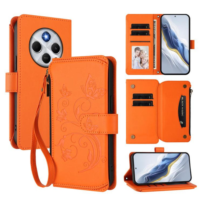 Funda de cuero para teléfono con cartera multitarjeta con cremallera y diseño de mariposa y flor de amor, For Redmi A5 4G 173.3mm, For Redmi Note 14S 4G / Note 13 Pro 4G, For Redmi Note 14 4G 164.84mm, For Redmi Note 14 Pro 5G / Note 14 Pro+ 5G        ...