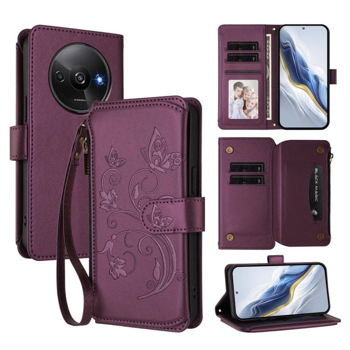 Funda de cuero para teléfono con cartera multitarjeta con cremallera y diseño de mariposa y flor de amor, For Redmi A5 4G 173.3mm, For Redmi Note 14S 4G / Note 13 Pro 4G, For Redmi Note 14 4G 164.84mm, For Redmi Note 14 Pro 5G / Note 14 Pro+ 5G        ...