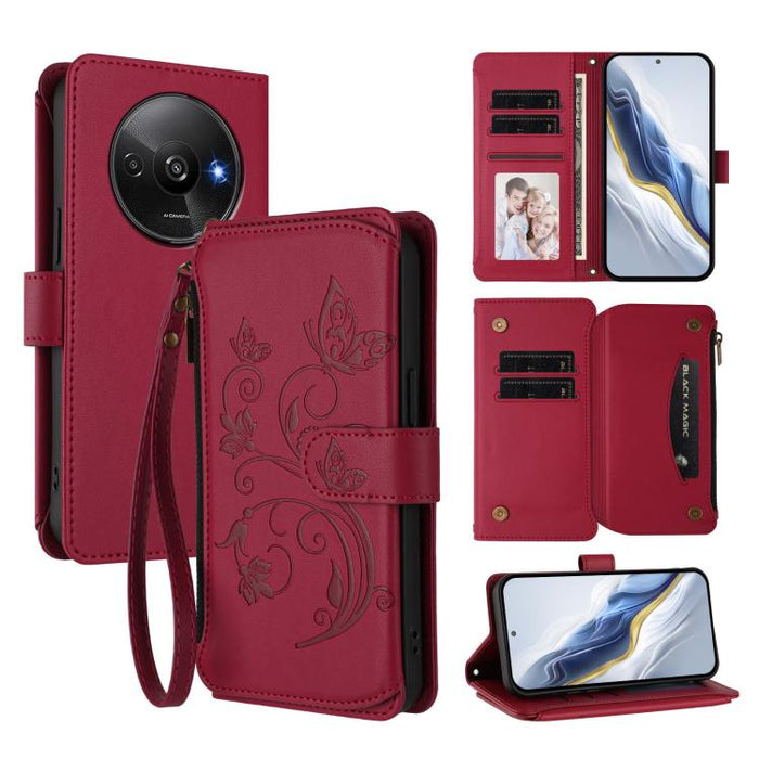Funda de cuero para teléfono con cartera multitarjeta con cremallera y diseño de mariposa y flor de amor, For Redmi A5 4G 173.3mm, For Redmi Note 14S 4G / Note 13 Pro 4G, For Redmi Note 14 4G 164.84mm, For Redmi Note 14 Pro 5G / Note 14 Pro+ 5G        ...
