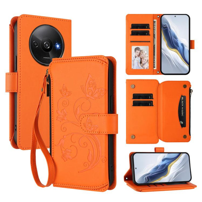 Funda de cuero para teléfono con cartera multitarjeta con cremallera y diseño de mariposa y flor de amor, For Redmi A5 4G 173.3mm, For Redmi Note 14S 4G / Note 13 Pro 4G, For Redmi Note 14 4G 164.84mm, For Redmi Note 14 Pro 5G / Note 14 Pro+ 5G        ...
