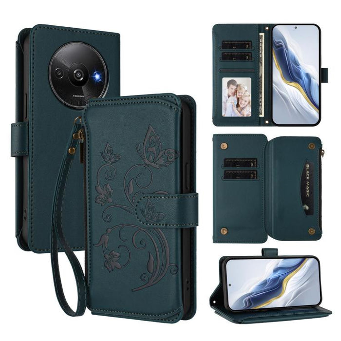 Funda de cuero para teléfono con cartera multitarjeta con cremallera y diseño de mariposa y flor de amor, For Redmi A5 4G 173.3mm, For Redmi Note 14S 4G / Note 13 Pro 4G, For Redmi Note 14 4G 164.84mm, For Redmi Note 14 Pro 5G / Note 14 Pro+ 5G        ...