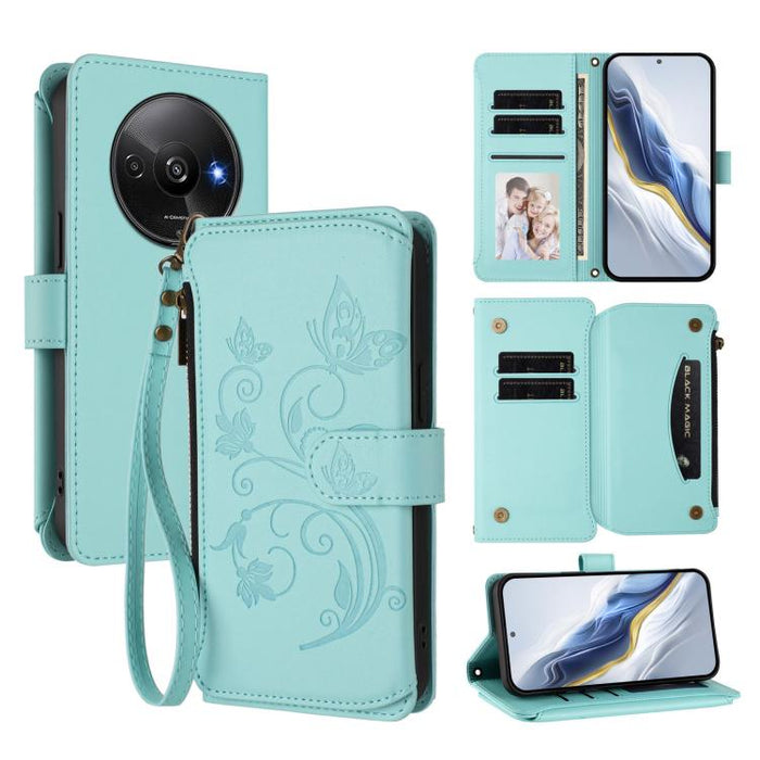 Funda de cuero para teléfono con cartera multitarjeta con cremallera y diseño de mariposa y flor de amor, For Redmi A5 4G 173.3mm, For Redmi Note 14S 4G / Note 13 Pro 4G, For Redmi Note 14 4G 164.84mm, For Redmi Note 14 Pro 5G / Note 14 Pro+ 5G        ...