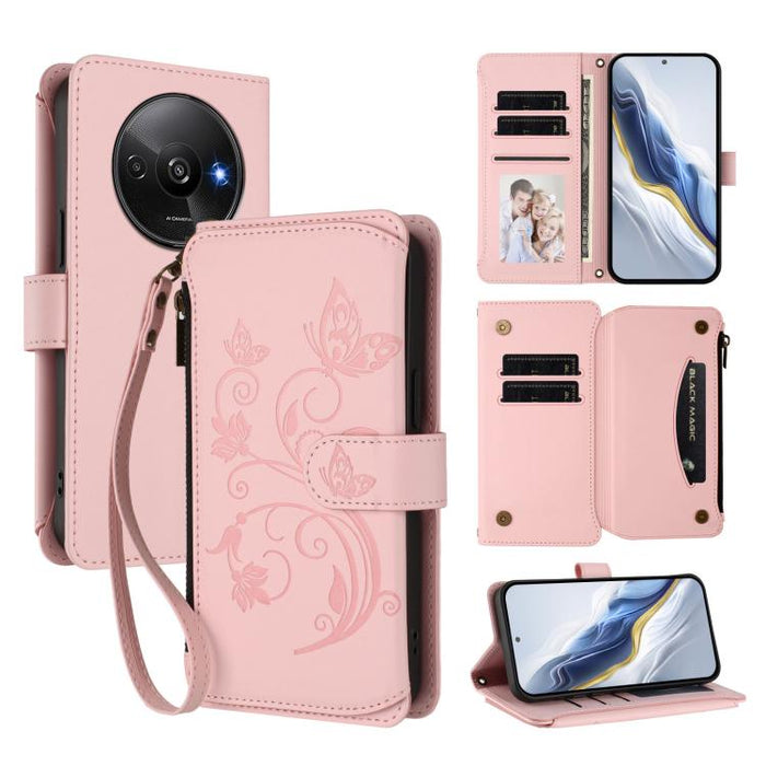 Funda de cuero para teléfono con cartera multitarjeta con cremallera y diseño de mariposa y flor de amor, For Redmi A5 4G 173.3mm, For Redmi Note 14S 4G / Note 13 Pro 4G, For Redmi Note 14 4G 164.84mm, For Redmi Note 14 Pro 5G / Note 14 Pro+ 5G        ...