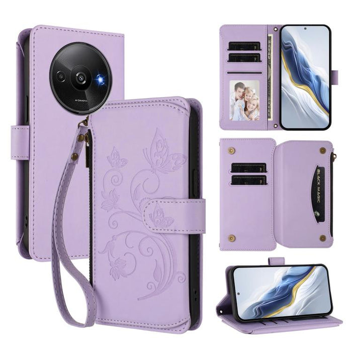 Funda de cuero para teléfono con cartera multitarjeta con cremallera y diseño de mariposa y flor de amor, For Redmi A5 4G 173.3mm, For Redmi Note 14S 4G / Note 13 Pro 4G, For Redmi Note 14 4G 164.84mm, For Redmi Note 14 Pro 5G / Note 14 Pro+ 5G        ...