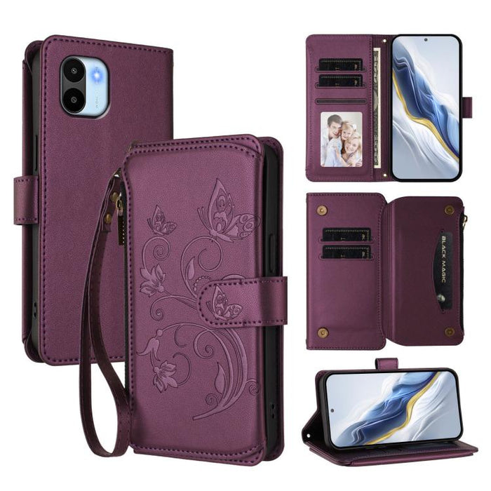 Funda de cuero para teléfono con cartera multitarjeta con cremallera y diseño de mariposa y flor de amor, For Redmi Note 13 Pro 5G / Poco X6, For Redmi Note 13 5G, For Redmi Note 13 Pro+, For Redmi 12 4G / 5G / Note 12R, For Redmi Note 12T Pro / K50i  ...