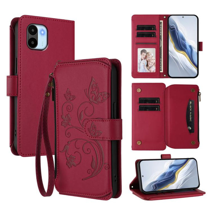 Funda de cuero para teléfono con cartera multitarjeta con cremallera y diseño de mariposa y flor de amor, For Redmi Note 13 Pro 5G / Poco X6, For Redmi Note 13 5G, For Redmi Note 13 Pro+, For Redmi 12 4G / 5G / Note 12R, For Redmi Note 12T Pro / K50i  ...