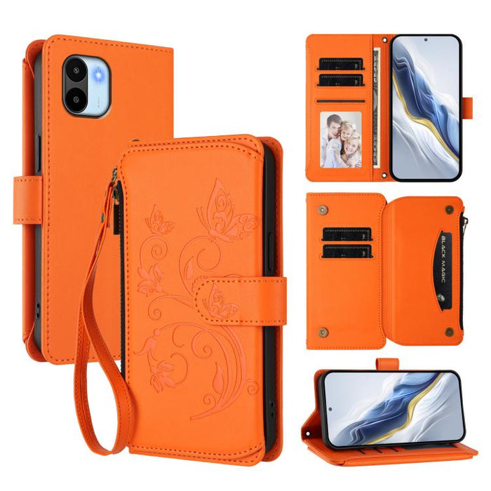 Funda de cuero para teléfono con cartera multitarjeta con cremallera y diseño de mariposa y flor de amor, For Redmi Note 13 Pro 5G / Poco X6, For Redmi Note 13 5G, For Redmi Note 13 Pro+, For Redmi 12 4G / 5G / Note 12R, For Redmi Note 12T Pro / K50i  ...