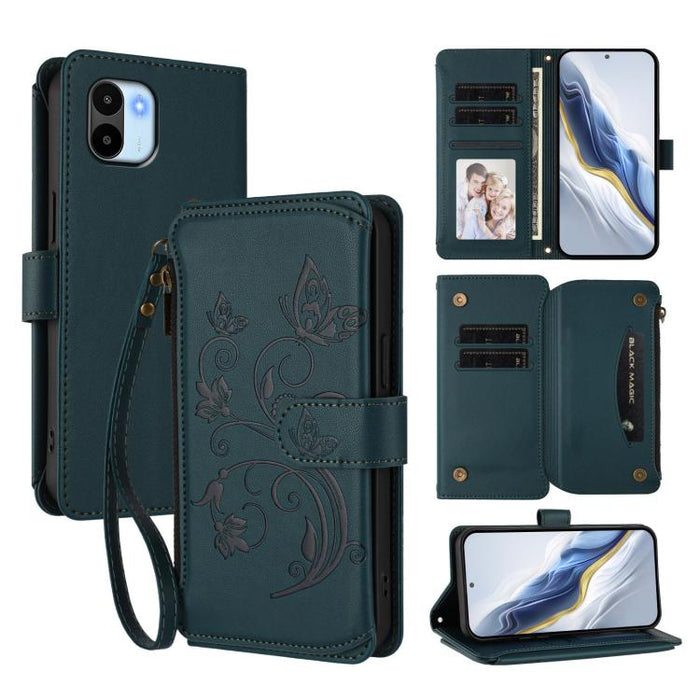 Funda de cuero para teléfono con cartera multitarjeta con cremallera y diseño de mariposa y flor de amor, For Redmi Note 13 Pro 5G / Poco X6, For Redmi Note 13 5G, For Redmi Note 13 Pro+, For Redmi 12 4G / 5G / Note 12R, For Redmi Note 12T Pro / K50i  ...